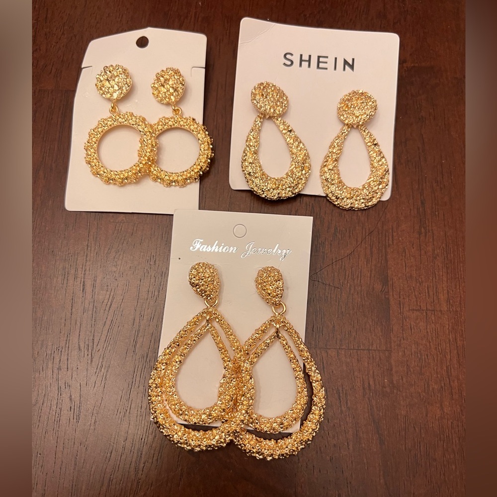 Shein Set of 3 Pairs of Textured Gold Statement Earrings